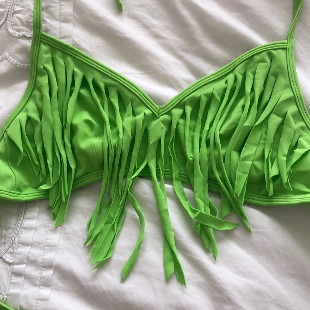 Green fringe top bikini can wear as a shirt or swimsuit.